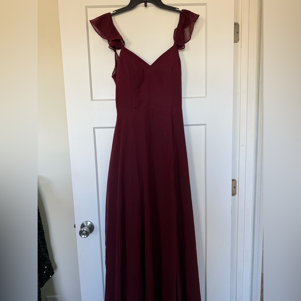 Azazie Kimber A- line, Burgundy bridesmaid Chiffon Dress with Sleeves.